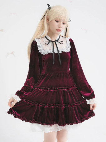 ハロウィン ロリータドレス レースネックライン 長袖 ベルベット フリル ゴシックドレス