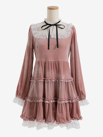 ピンクハロウィン ロリータドレス レースネックライン 長袖 ベルベット フリル ゴシックドレス