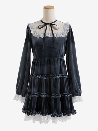 ディープブルーハロウィン ロリータドレス レースネックライン 長袖 ベルベット フリル ゴシックドレス