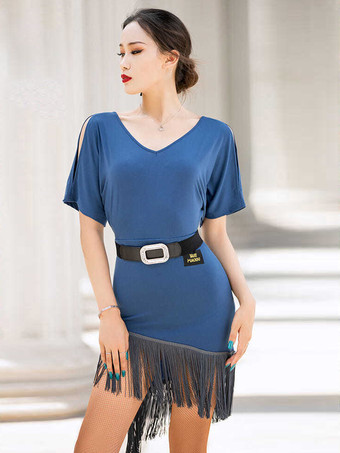 女性用ラテンダンス衣装 オフショルダー 半袖 ベルト付き タッセルダンスドレス