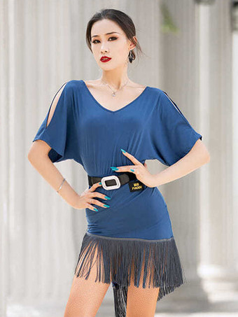 女性用ラテンダンス衣装 オフショルダー 半袖 ベルト付き タッセルダンスドレス