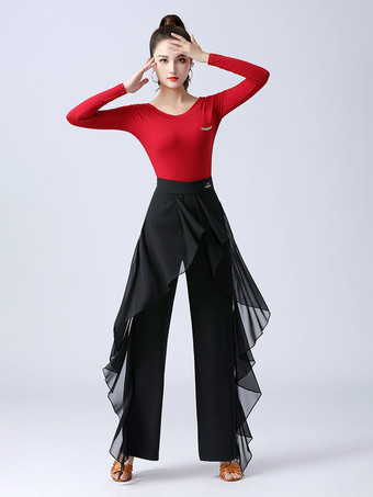 ブラック レディース ラテンダンスパンツ フリル ピュアカラー ウエストスプライシング 社交ダンス パフォーマンス トレーニング ボトムス