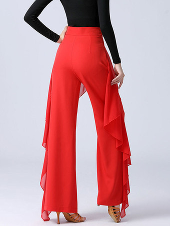 レディース ラテンダンスパンツ フリル ピュアカラー ウエストスプライシング 社交ダンス パフォーマンス トレーニング ボトムス