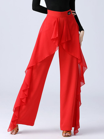 レディース ラテンダンスパンツ フリル ピュアカラー ウエストスプライシング 社交ダンス パフォーマンス トレーニング ボトムス