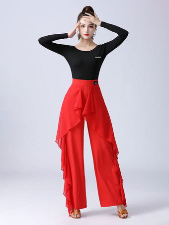 レディース ラテンダンスパンツ フリル ピュアカラー ウエストスプライシング 社交ダンス パフォーマンス トレーニング ボトムス