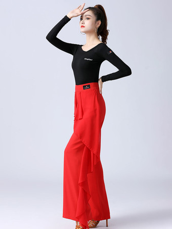 レディース ラテンダンスパンツ フリル ピュアカラー ウエストスプライシング 社交ダンス パフォーマンス トレーニング ボトムス