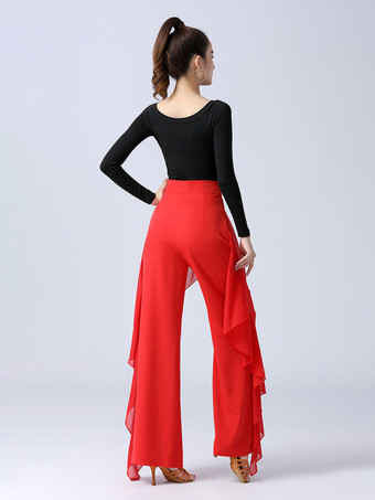 レディース ラテンダンスパンツ フリル ピュアカラー ウエストスプライシング 社交ダンス パフォーマンス トレーニング ボトムス