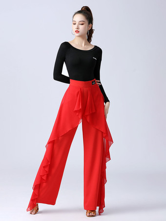 レッド レディース ラテンダンスパンツ フリル ピュアカラー ウエストスプライシング 社交ダンス パフォーマンス トレーニング ボトムス