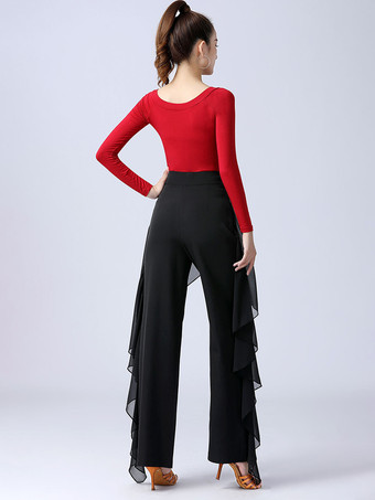 レディース ラテンダンスパンツ フリル ピュアカラー ウエストスプライシング 社交ダンス パフォーマンス トレーニング ボトムス