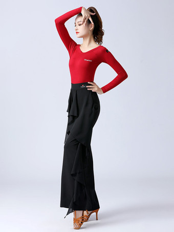 レディース ラテンダンスパンツ フリル ピュアカラー ウエストスプライシング 社交ダンス パフォーマンス トレーニング ボトムス