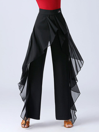 レディース ラテンダンスパンツ フリル ピュアカラー ウエストスプライシング 社交ダンス パフォーマンス トレーニング ボトムス