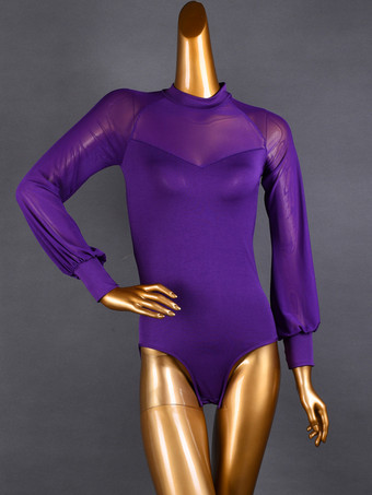 パープル レディース ラテン 社交ダンス ジャンプスーツ 長袖 ガーゼ ネット ブラウス 社交ダンス フラメンコ 練習用 ボディスーツ