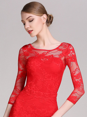 レッド レディースダンスドレス メッシュレースボディスーツ 社交ダンス競技用ドレス