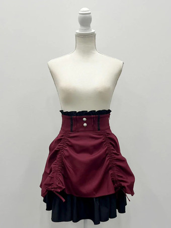 ワインレッド ロリータスカート バックルビームフリル レイヤード パフィースカート
