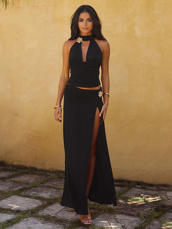 レディース向けブラックツーピースコーデセット Vネッククロップトップとハイスリットロングスカート 2025