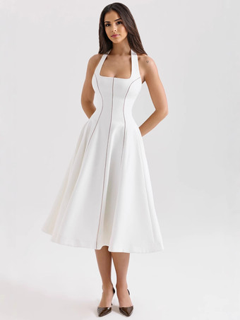 ホワイト ホワイトホルターネックAラインミディドレス（レディース）2025