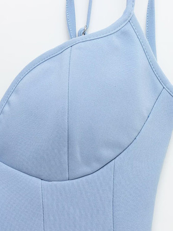 ライトブルーのVネックAラインミニドレス（レディース）2025