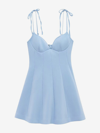 ライトブルーのVネックAラインミニドレス（レディース）2025
