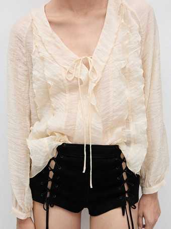 フリルトリムとタイフロントのVネックブラウス（レディース 2025年）