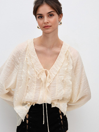 アイボリー フリルトリムとタイフロントのVネックブラウス（レディース 2025年）