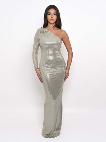 ライトグリーン スパンコール付きワンショルダーマキシ丈パーティードレス（レディース）2025