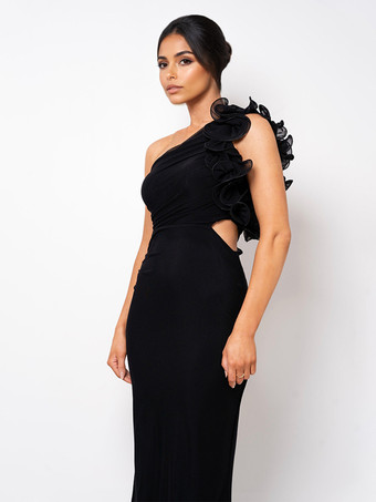 フリル付きワンショルダーパーティードレス、カットアウトウエストマーメイドロングドレス（レディース）2025