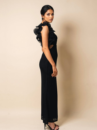 フリル付きワンショルダーパーティードレス、カットアウトウエストマーメイドロングドレス（レディース）2025