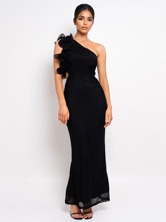 ブラック フリル付きワンショルダーパーティードレス、カットアウトウエストマーメイドロングドレス（レディース）2025