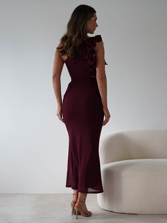 フリル付きワンショルダーパーティードレス、カットアウトウエストマーメイドロングドレス（レディース）2025