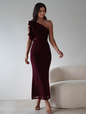 フリル付きワンショルダーパーティードレス、カットアウトウエストマーメイドロングドレス（レディース）2025