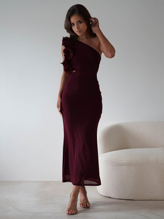 バーガンディーフリル付きワンショルダーパーティードレス、カットアウトウエストマーメイドロングドレス（レディース）2025