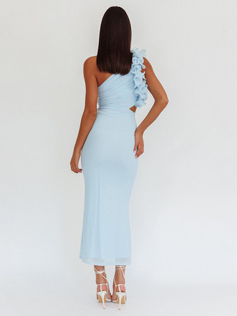 フリル付きワンショルダーパーティードレス、カットアウトウエストマーメイドロングドレス（レディース）2025