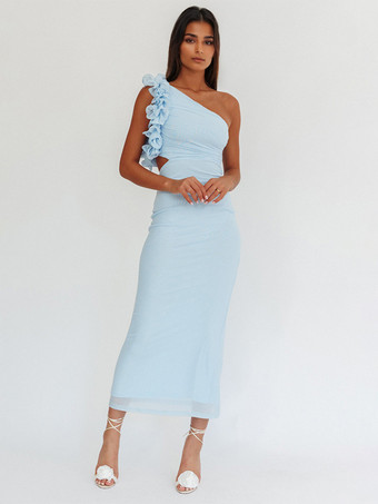 フリル付きワンショルダーパーティードレス、カットアウトウエストマーメイドロングドレス（レディース）2025