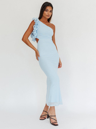 フリル付きワンショルダーパーティードレス、カットアウトウエストマーメイドロングドレス（レディース）2025