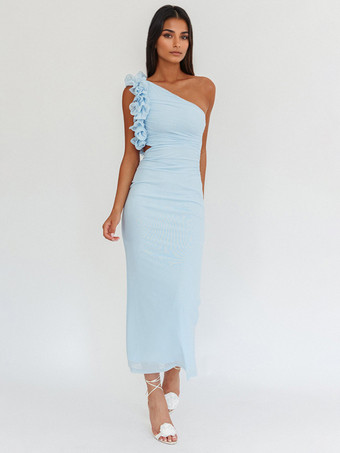 ブルー フリル付きワンショルダーパーティードレス、カットアウトウエストマーメイドロングドレス（レディース）2025