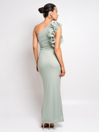 フリル付きワンショルダーパーティードレス、カットアウトウエストマーメイドロングドレス（レディース）2025