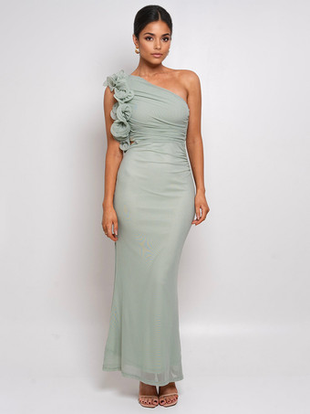 グリーン フリル付きワンショルダーパーティードレス、カットアウトウエストマーメイドロングドレス（レディース）2025