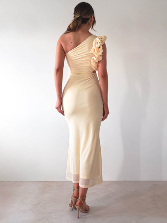 フリル付きワンショルダーパーティードレス、カットアウトウエストマーメイドロングドレス（レディース）2025