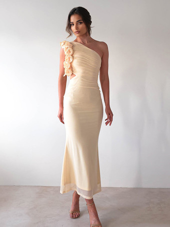 フリル付きワンショルダーパーティードレス、カットアウトウエストマーメイドロングドレス（レディース）2025