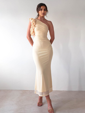 アプリコットフリル付きワンショルダーパーティードレス、カットアウトウエストマーメイドロングドレス（レディース）2025