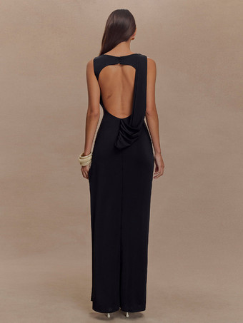 ノースリーブパーティーガウン、オープンバック、シャーリングハイスリットロングドレス（レディース）2025