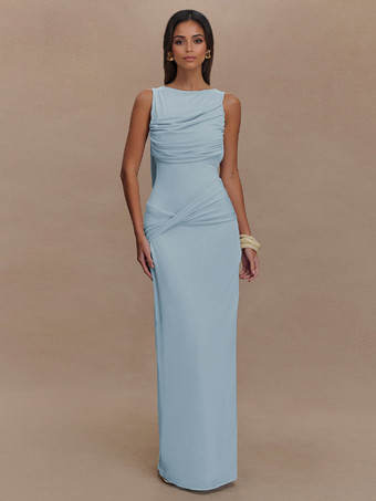 ブルー ノースリーブパーティーガウン、オープンバック、シャーリングハイスリットロングドレス（レディース）2025