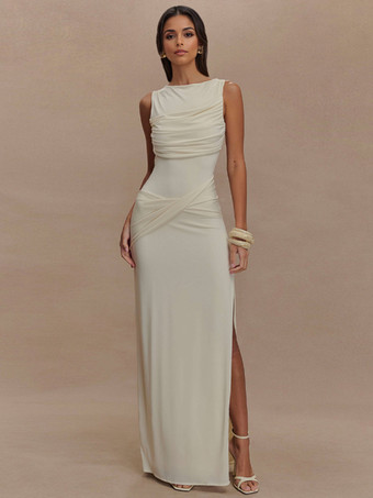 アイボリー ノースリーブパーティーガウン、オープンバック、シャーリングハイスリットロングドレス（レディース）2025