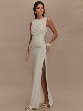 ノースリーブパーティーガウン、オープンバック、シャーリングハイスリットロングドレス（レディース）2025