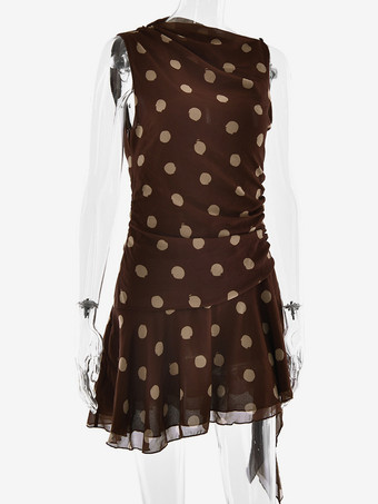 ドット柄ノースリーブボディコンミニドレス（ウエストシャーリング、アシンメトリーヘム）2026