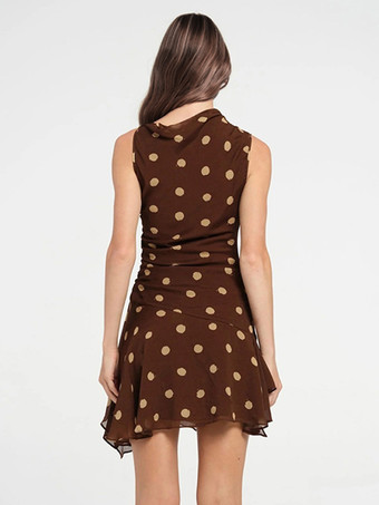 ドット柄ノースリーブボディコンミニドレス（ウエストシャーリング、アシンメトリーヘム）2026