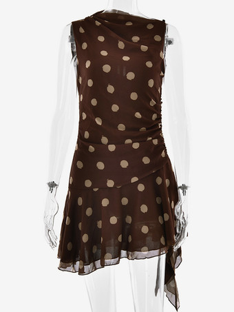 ドット柄ノースリーブボディコンミニドレス（ウエストシャーリング、アシンメトリーヘム）2026