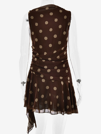 ドット柄ノースリーブボディコンミニドレス（ウエストシャーリング、アシンメトリーヘム）2026