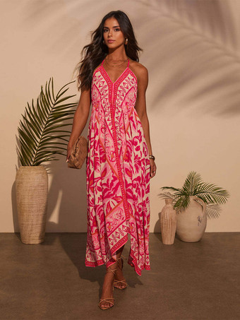 ローズレッドボヘミアンプリントVネックホルターネックマキシドレス（レディース）2025
