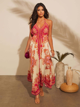 レッド ボヘミアンプリントVネックホルターネックマキシドレス（レディース）2025